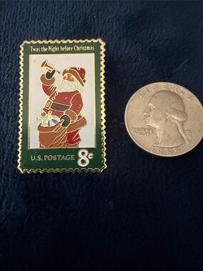 Vintage Santa 'Twas the Night Before Christmas Stamp Pin - Red & Green